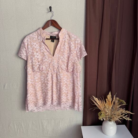Lane Bryant Blouse Size 18 20 Pink Lace Overlay Layered Beige VNeck Short Sleeve - Picture 1 of 11